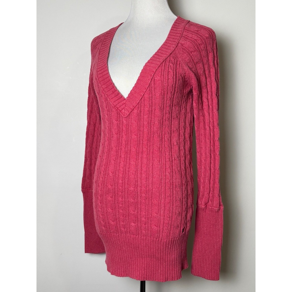 American Eagle VTG Y2K Cable Knit V Neck Sweater L Preppy Logo Cotton Retro Long